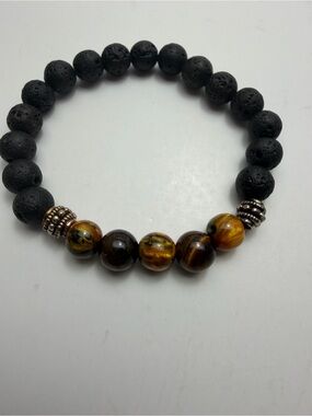 Black Lava Stone and Tiger Eye Bead Stretch Bracelet